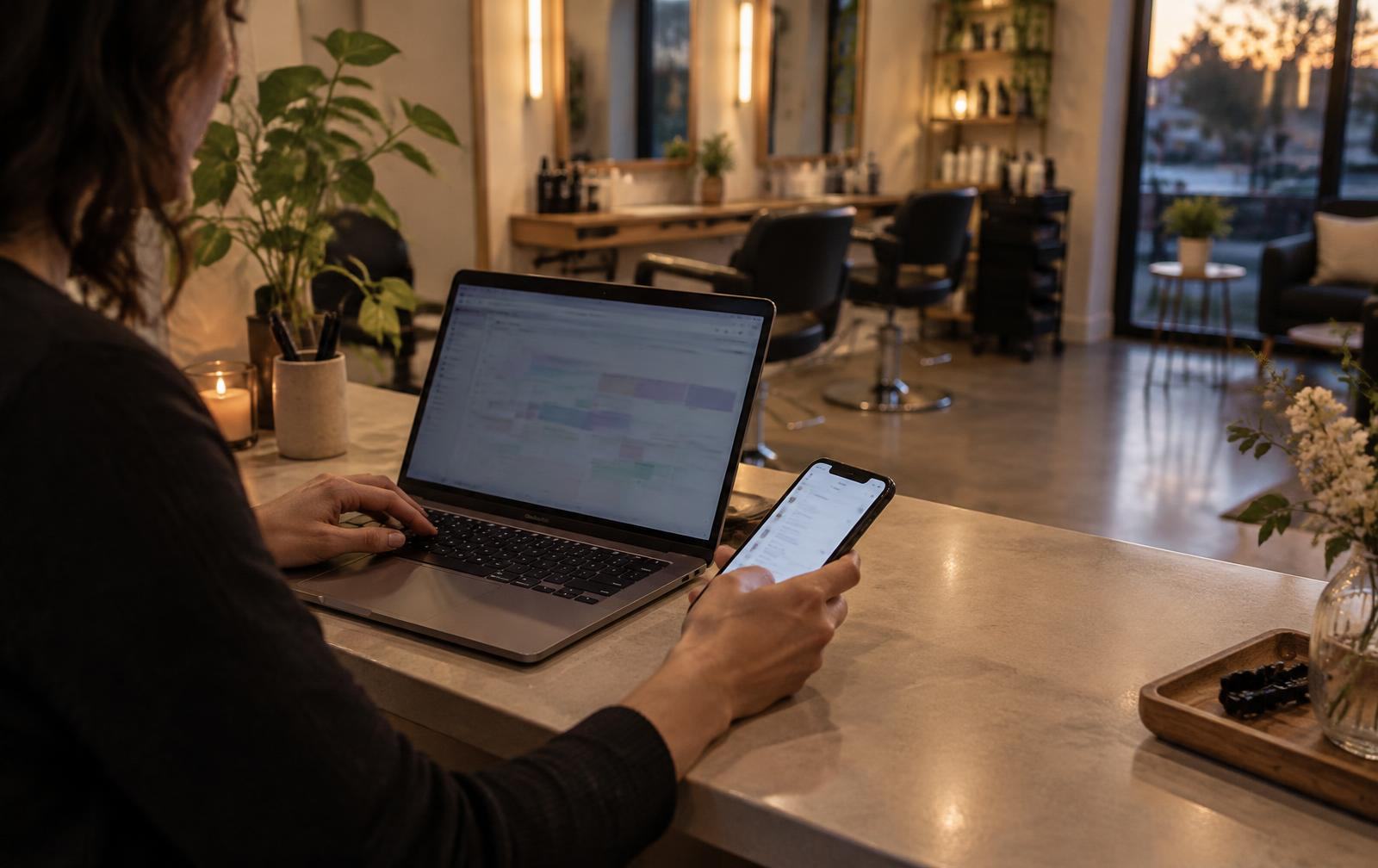 Saloninhaberin am Empfang mit Laptop und Smartphone