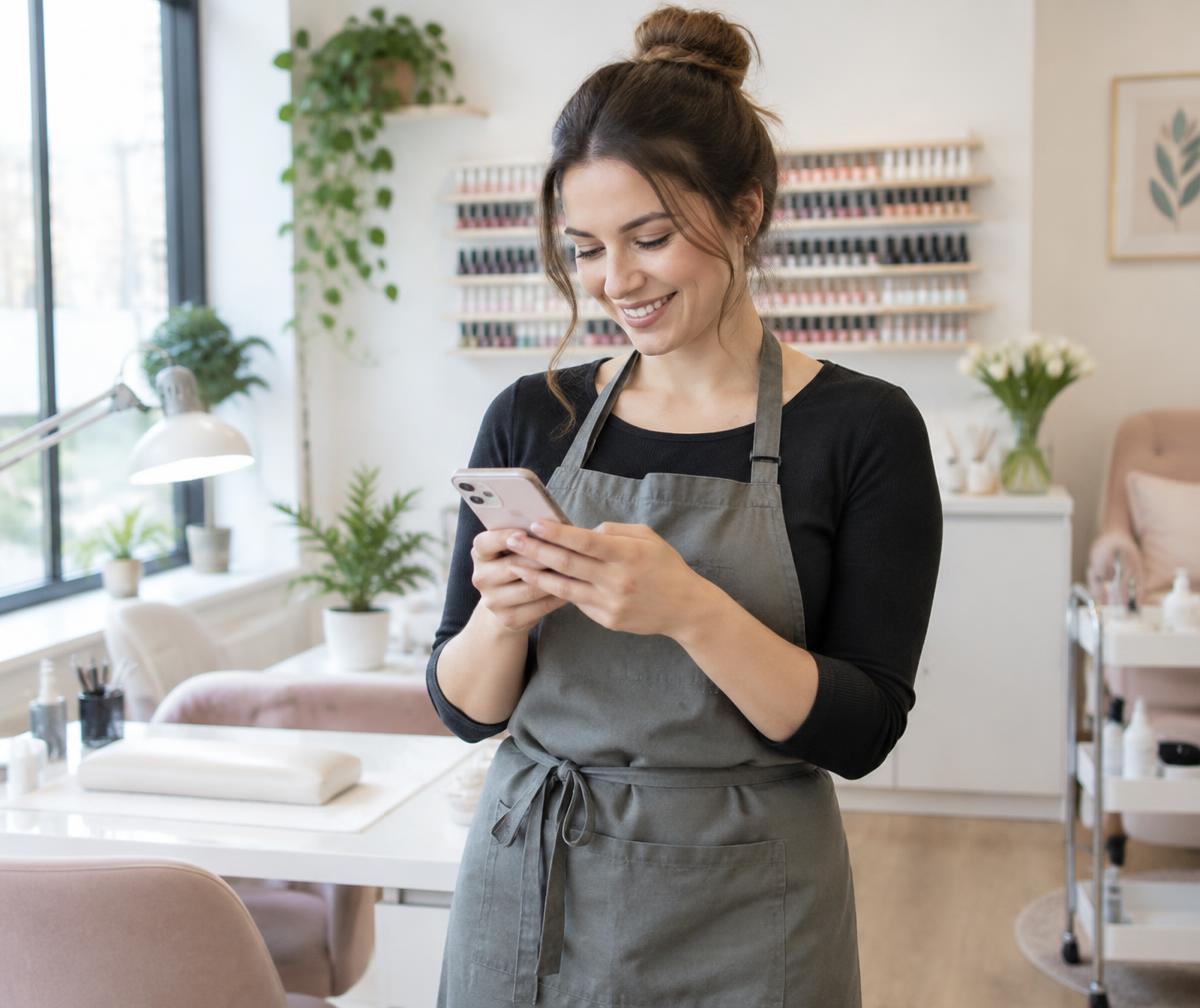 Inhaberin eines Nagelstudios schaut zufrieden auf ihr Smartphone