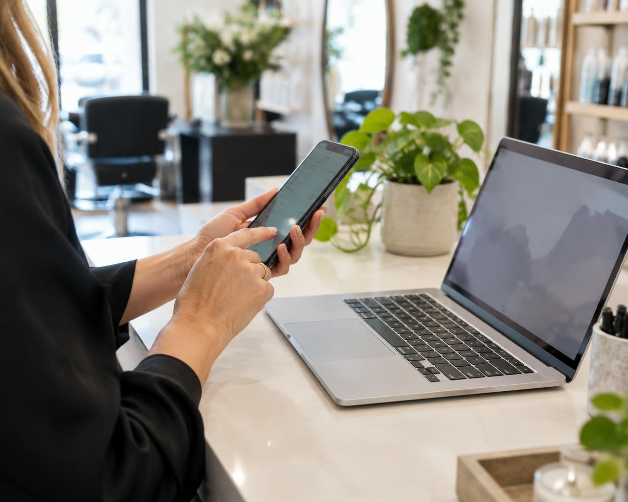 Hände einer Saloninhaberin mit Smartphone neben einem Laptop an einem hellen Empfangsplatz